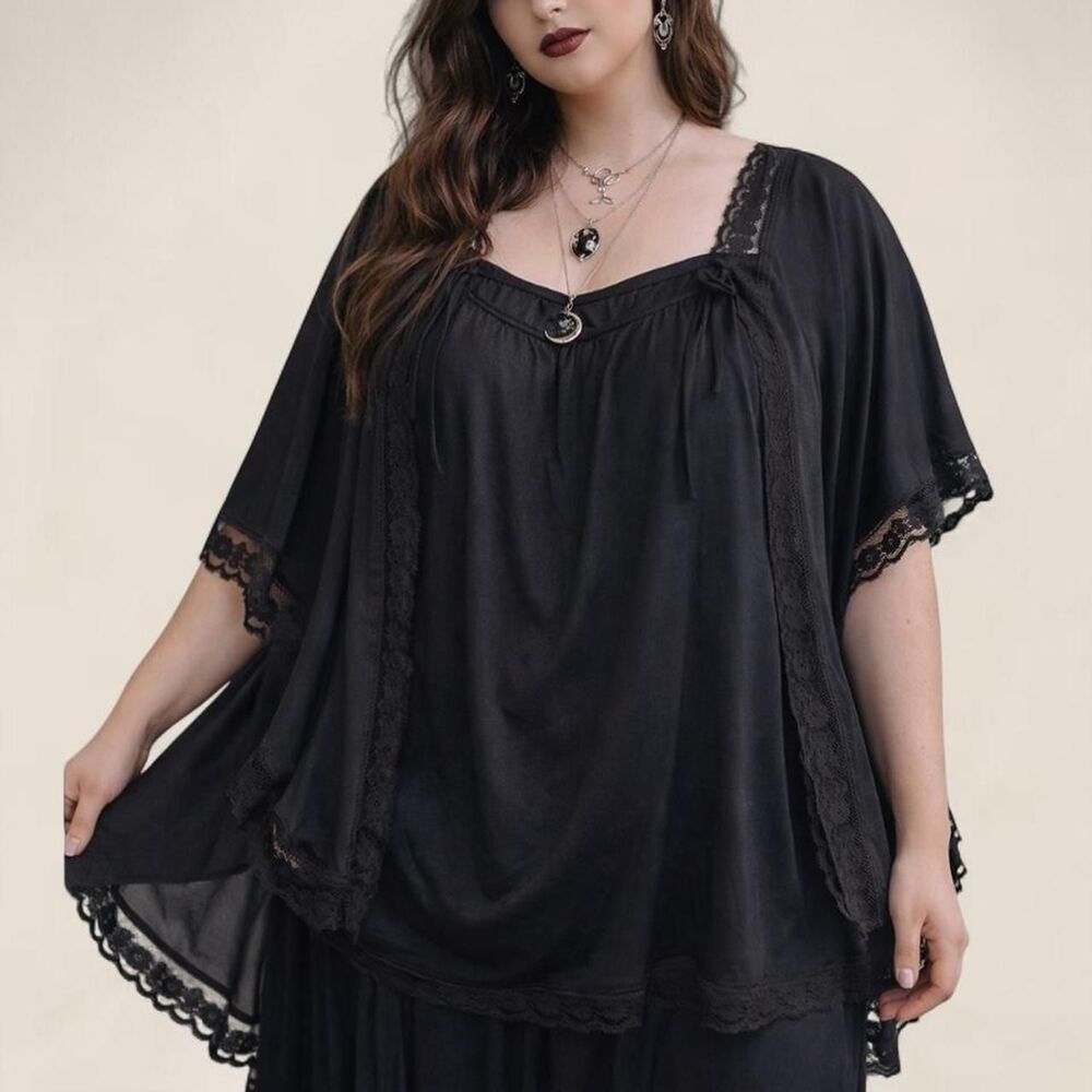 Vintage black Whimsigoth Witchy Lace Faux Cape Top | Size 18 ethereal flowy - Picture 3 of 8